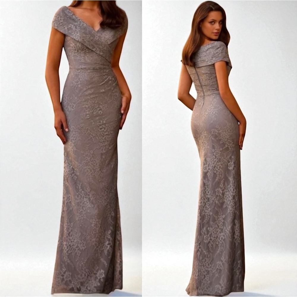 NWT LA FEMME Special Occasion Mother of the Bride Gray Lace Column Gown, Size 14